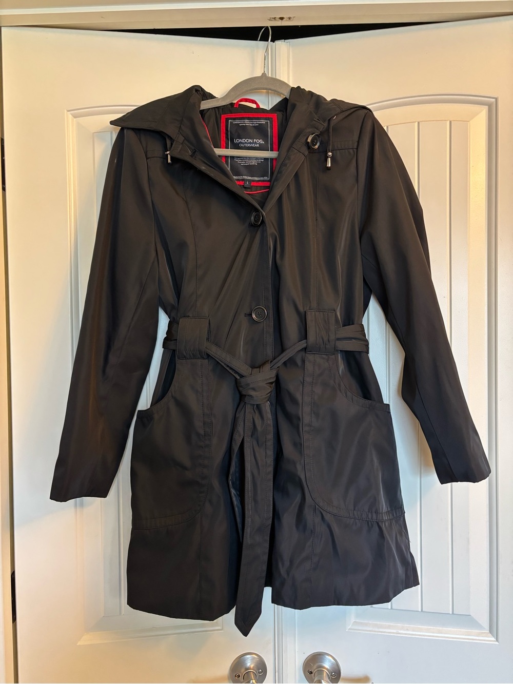 London Fog Black Hooded Belted Trench Coat